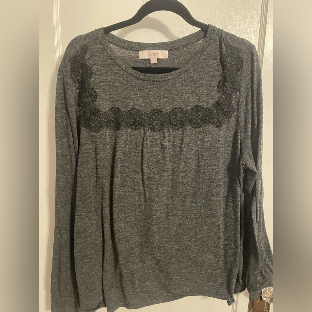 LOFT Dark Gray Long Sleeve Top with Black Lace Yoke